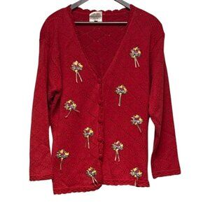 Susan Bristol Women's Cardigan Sweater Red Floral Embroidery Grandma 1994 Large